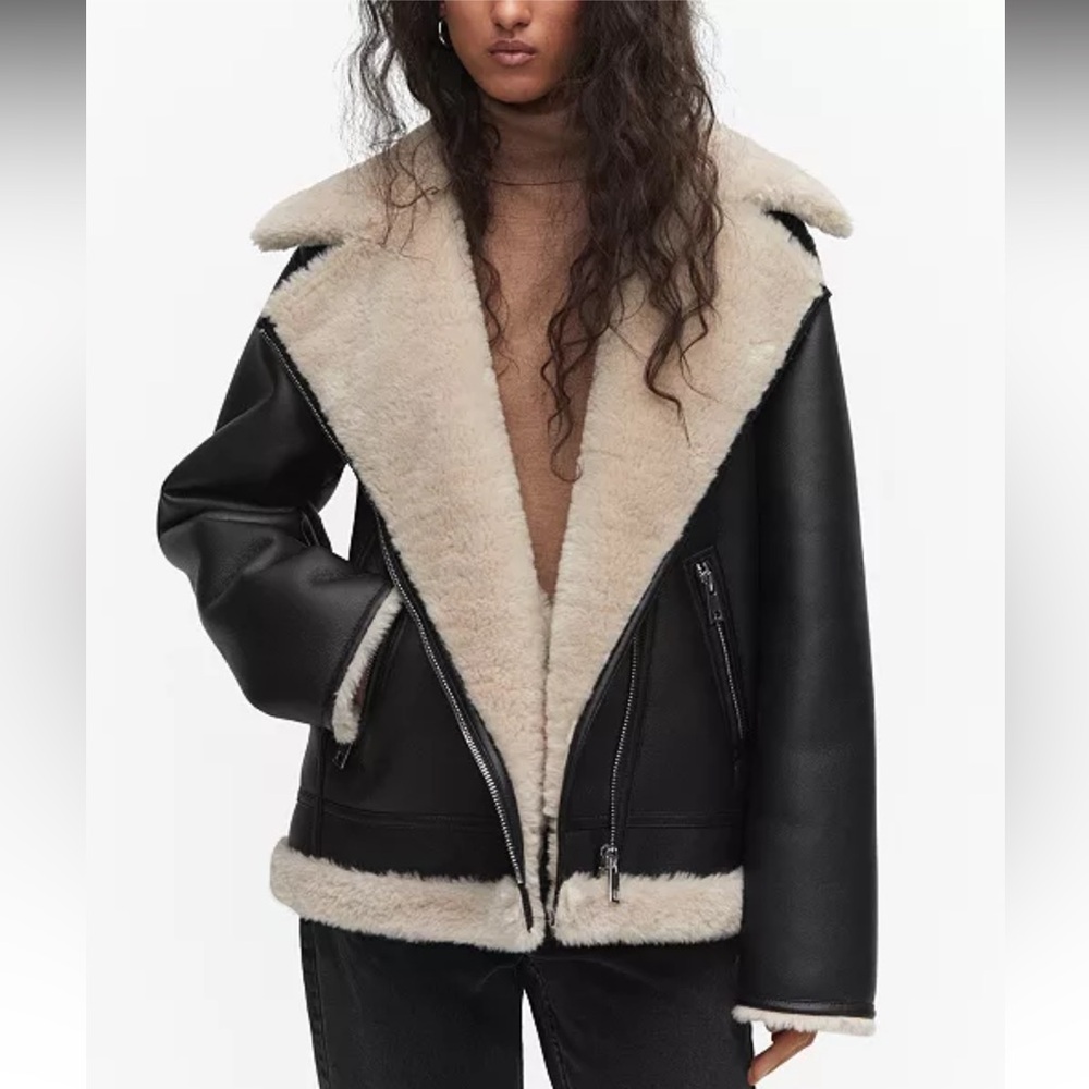 MANGO faux leather and shearling moto aviator jacket